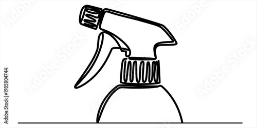 Continuous line drawing of a spray bottle head and top section on a white background. Vector, illustration