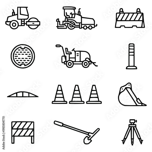 Road Construction and Infrastructure Maintenance Equipment Icons