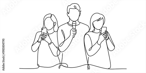 Continuous line drawing of a man holding a microphone and two women using their smartphones. Vector, illustration