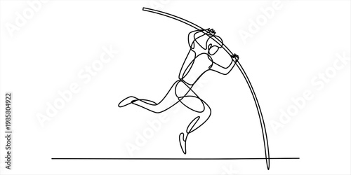 Continuous line drawing of an athlete performing a dynamic pole vault jump on a white background Vector, illustration