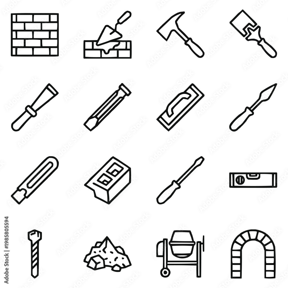 Fototapeta premium Professional Masonry, Tiling, and Bricklaying Equipment Icons