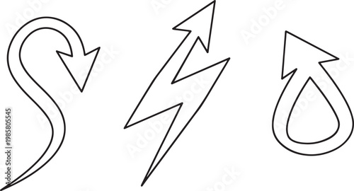 Diverse arrow symbols collection featuring swirl lightning bolt and loop designs