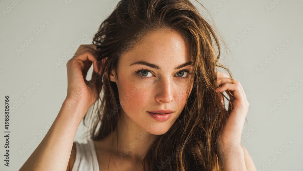 Fototapeta premium Natural beauty portrait of a young woman with long wavy brown hair and healthy skin, posing calmly in a studio with soft lighting.