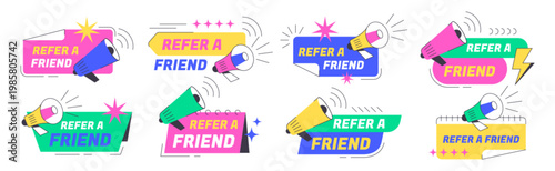 Refer a friend colorful badge set with megaphone. Employee referral program stickers with loudspeaker icon. Marketing design labels for business network collaboration, promotional advertising campaign