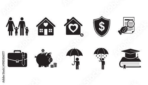 Collection of insurance and financial icons representing security and planning against risks