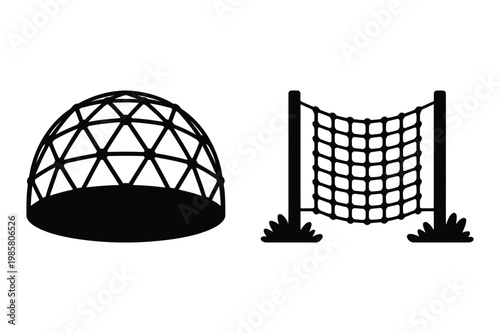 Playground equipment: geodesic dome and climbing net silhouette with playground