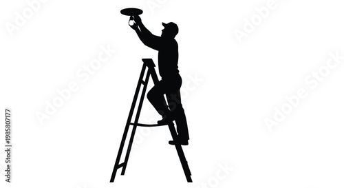 Silhouette of a worker installing a light fixture on the ceiling with a ladder