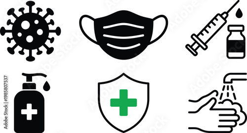 Covid 19 protection icons mask vaccine hygiene and safety measures