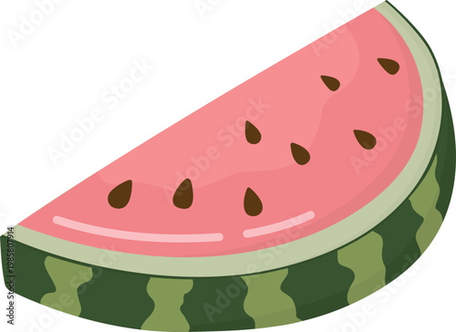 Illustration with semi‑circular slice of ripe watermelon with pink pulp, seeds and green rind. Summer fruit Isolated on white
