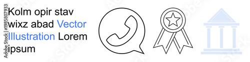 Business communication, customer support, success, achievement recognition, institutions, and financial services. Phone icon, star medal and bank outline. Communication and business recognition