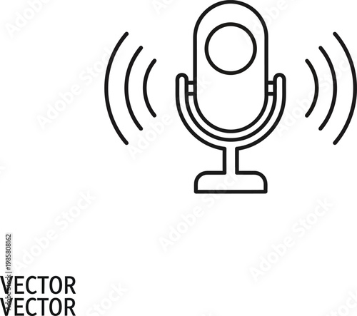 Line art icon of a classic microphone transmitting sound waves for audio