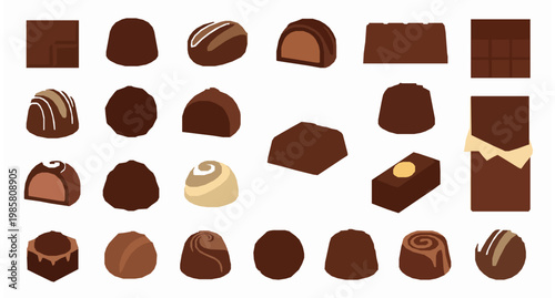 Minimal chocolate dessert vector collection truffles bars pralines and cocoa sweets isolated on white