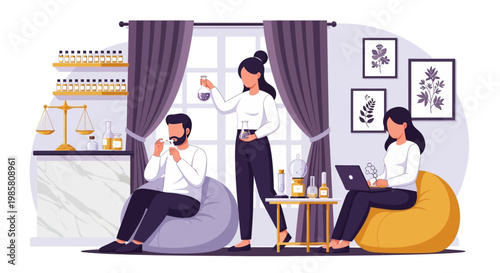 Three people enjoying leisure time in a cozy modern room.