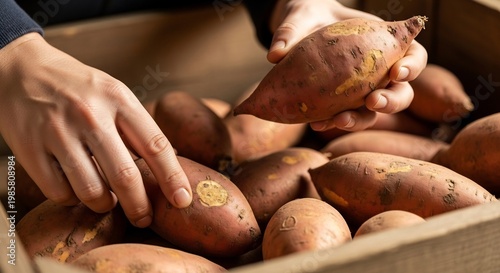 Hands Sorting Fresh Sweet Potatoes in a Cardboard Box.
