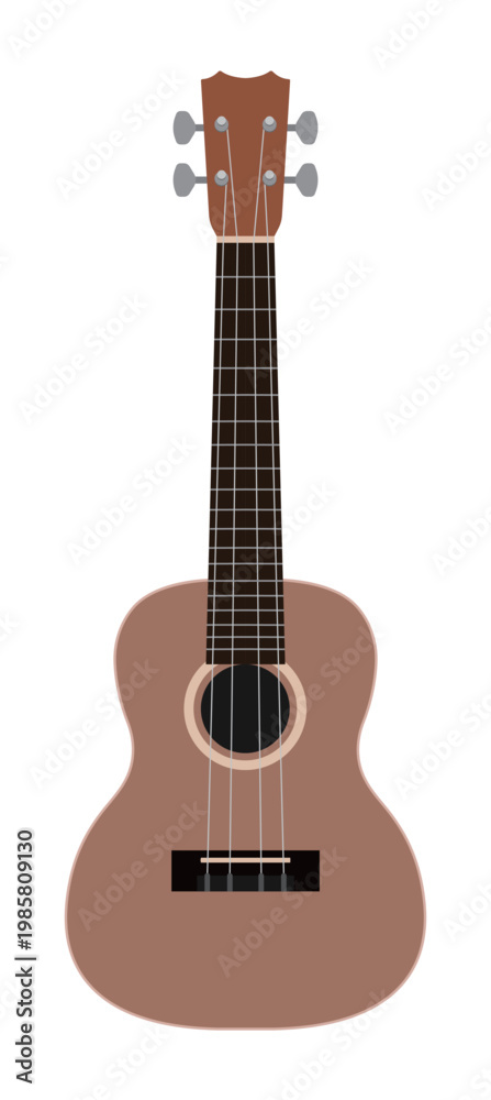 Obraz premium Classical wooden ukulele illustration in flat vector style. Minimalist musical instrument icon isolated on white background for music education, hobby, and summer vacation themes.