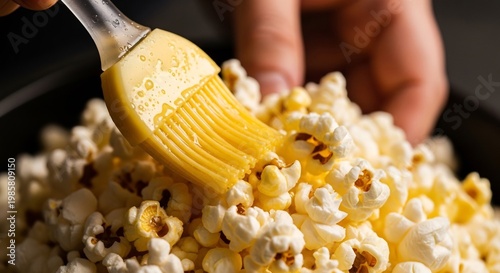 Close-up of a hand brushing melted butter onto a pile of freshly popped popcorn.