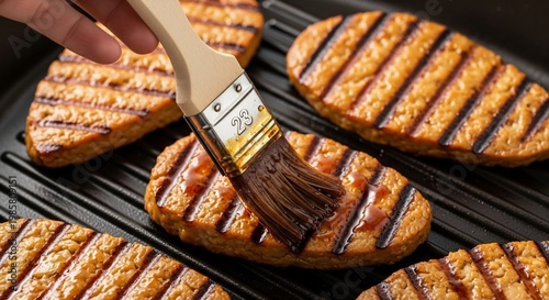 Delicious grilled tofu steaks being brushed with barbecue sauce on a hot grill.