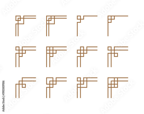 Set of twelve traditional Korean corner frames with geometric lattice patterns. Minimalist vector illustration of oriental decorative borders for greeting cards and Asian cultural events.