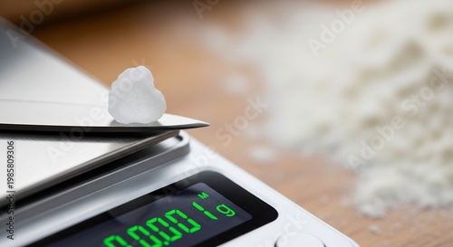 Close-up of a small white crystal being weighed on a digital scale.