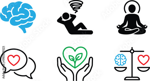 Mental wellness icons brain meditation communication and emotional balance