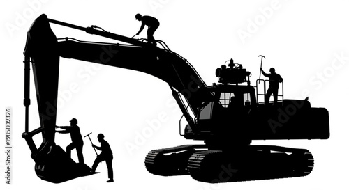 Excavator loader construction machinery illustration with truck crane bulldozer and heavy industrial transport equipment isolated black vector icon
