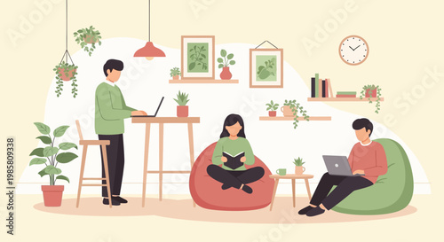 Three people working and relaxing in a cozy indoor space.