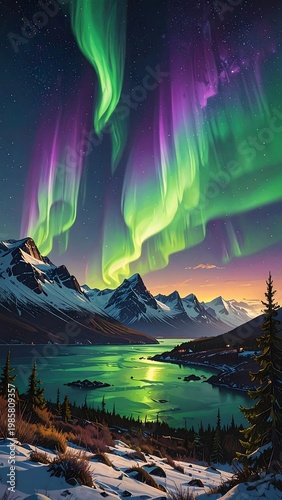 Vibrant aurora borealis dancing above snow-capped mountains and serene lake
