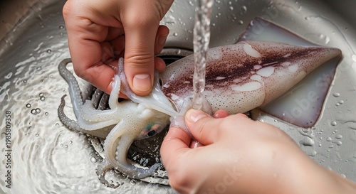 Washing Fresh Squid Under Running Water in a Kitchen Sink.
