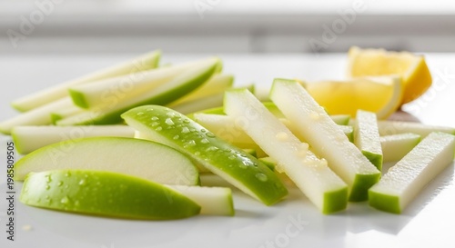 Freshly Sliced Green Apples and Lemon Wedges on a White Surface.