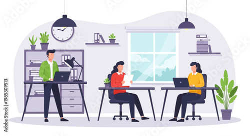 Three people working together in a modern office environment.