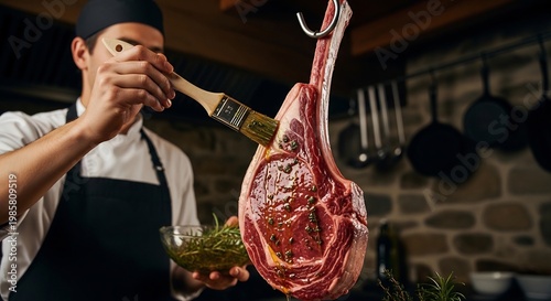 Chef preparing a large tomahawk steak with herbs and oil.