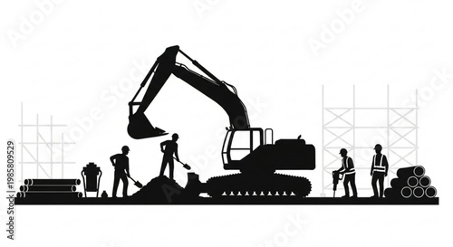 Black silhouette vector illustration of an excavator at sunset with artistic and fitness inspired elements