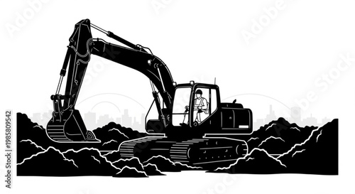 Yellow excavator machine at construction site digging earth with heavy equipment isolated on white background