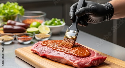 Chef Marinating Raw Steak with Spices on Wooden Board.