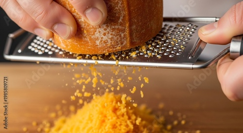 Close-up of Hands Grating Cheese with a Metal Grater.