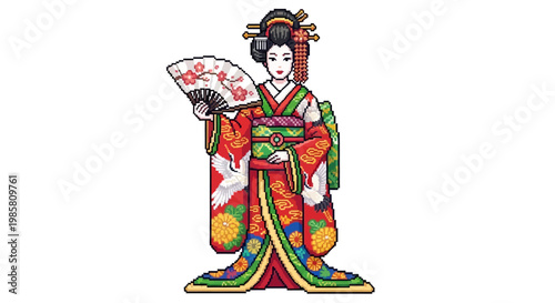 Traditional Japanese Geisha Woman Holding a Fan Illustration.