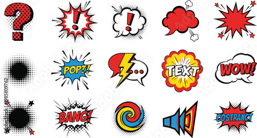 Comic Pop Art Speech Bubbles Vector Set Featuring Boom Bang Wow Text Effects and Explosion Shapes