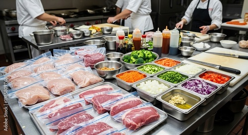 Professional Kitchen Preparation with Raw Meats and Fresh Vegetables.