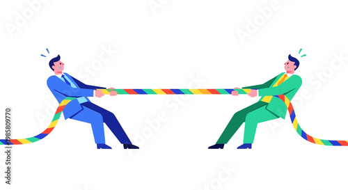 Two businessmen in suits engaged in a tug-of-war with a rainbow rope.
