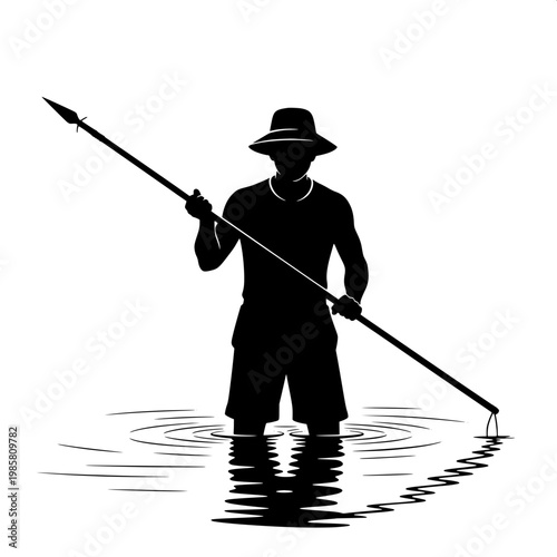 Fisherman in waders holding fishing rod in shallow water silhouette