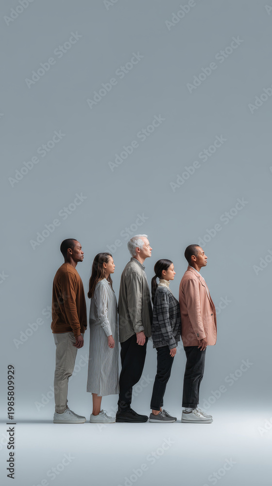 Obraz premium Diverse group of people of different ages and ethnicities standing in a line against a minimalist grey background. Modern concept of unity, equality, and generational diversity in society