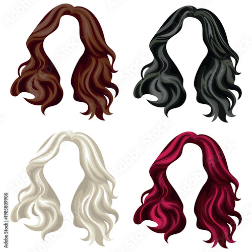 set of curly, fluffy, loose hair templates of various colors and shades for styling female characters