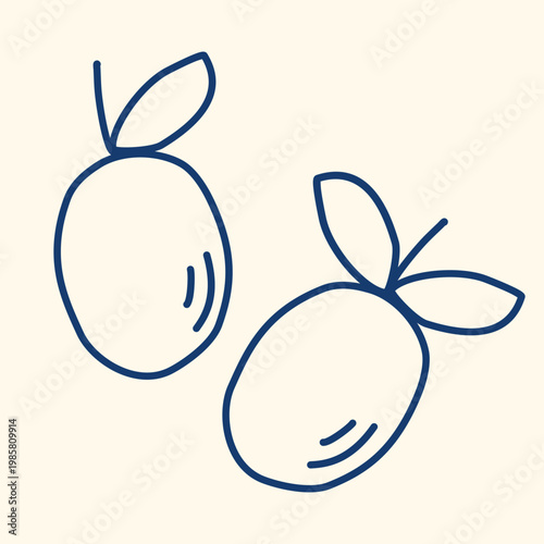 Pair of ripe plums in doodle style. Hand drawn sweet fruit clip art in blue ink. Healthy organic food, vector graphics