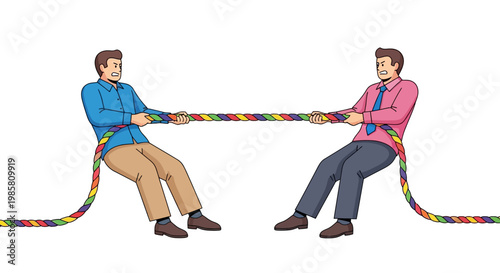 Two men in a tug of war with a rainbow rope.