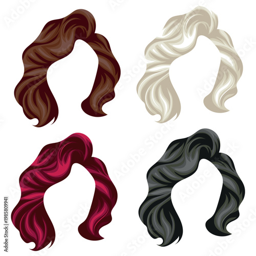 set of fluffy, wavy voluminous hair templates in various colors and shades for female portraits and character styling