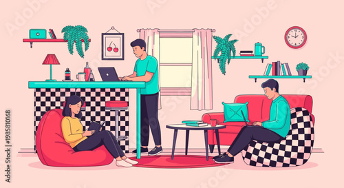 Three people working on laptops in a cozy living room.