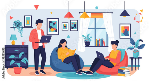 Three people working on laptops in a cozy living room.