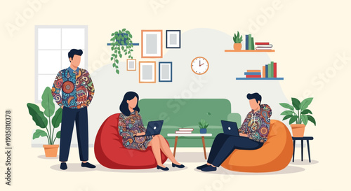 Three people working on laptops in a cozy living room setting.