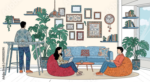 Three people working and relaxing in a modern living room.