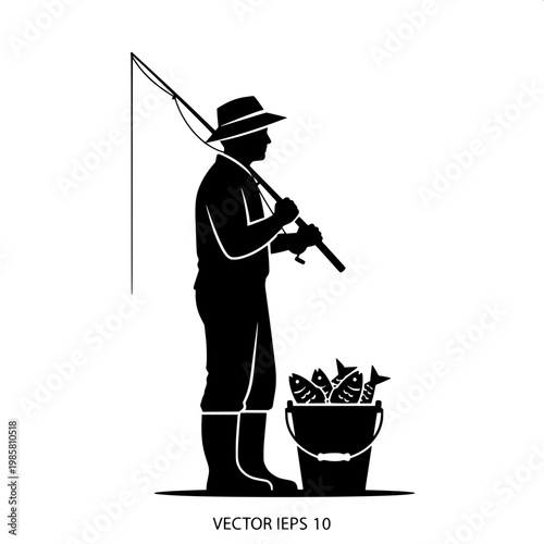 silhouette of fisherman with catch in bucket at dusk minimalist black and white